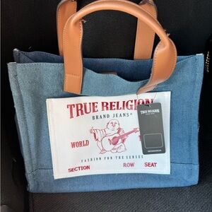 True Religion Blue Denim Tote with Tan Handles